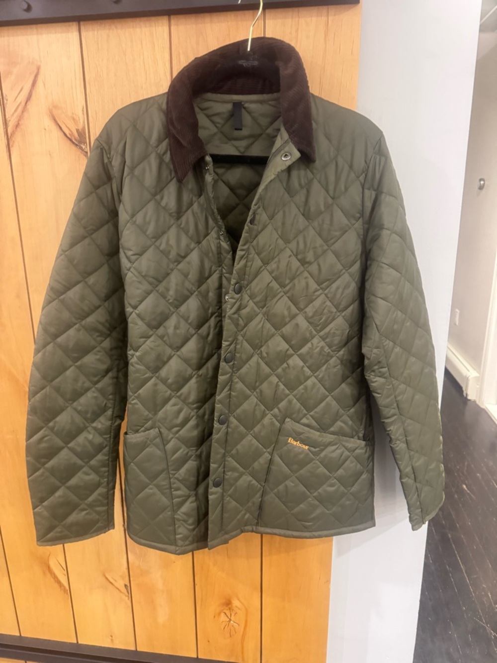 Barbour Olive Quilted Jacket with Brown Corduroy Collar